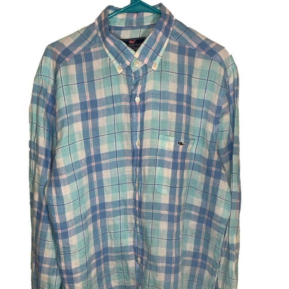 Vineyard Vines Men's L Large Light Blue White Plaid Long Sleeve Button Up Shirt